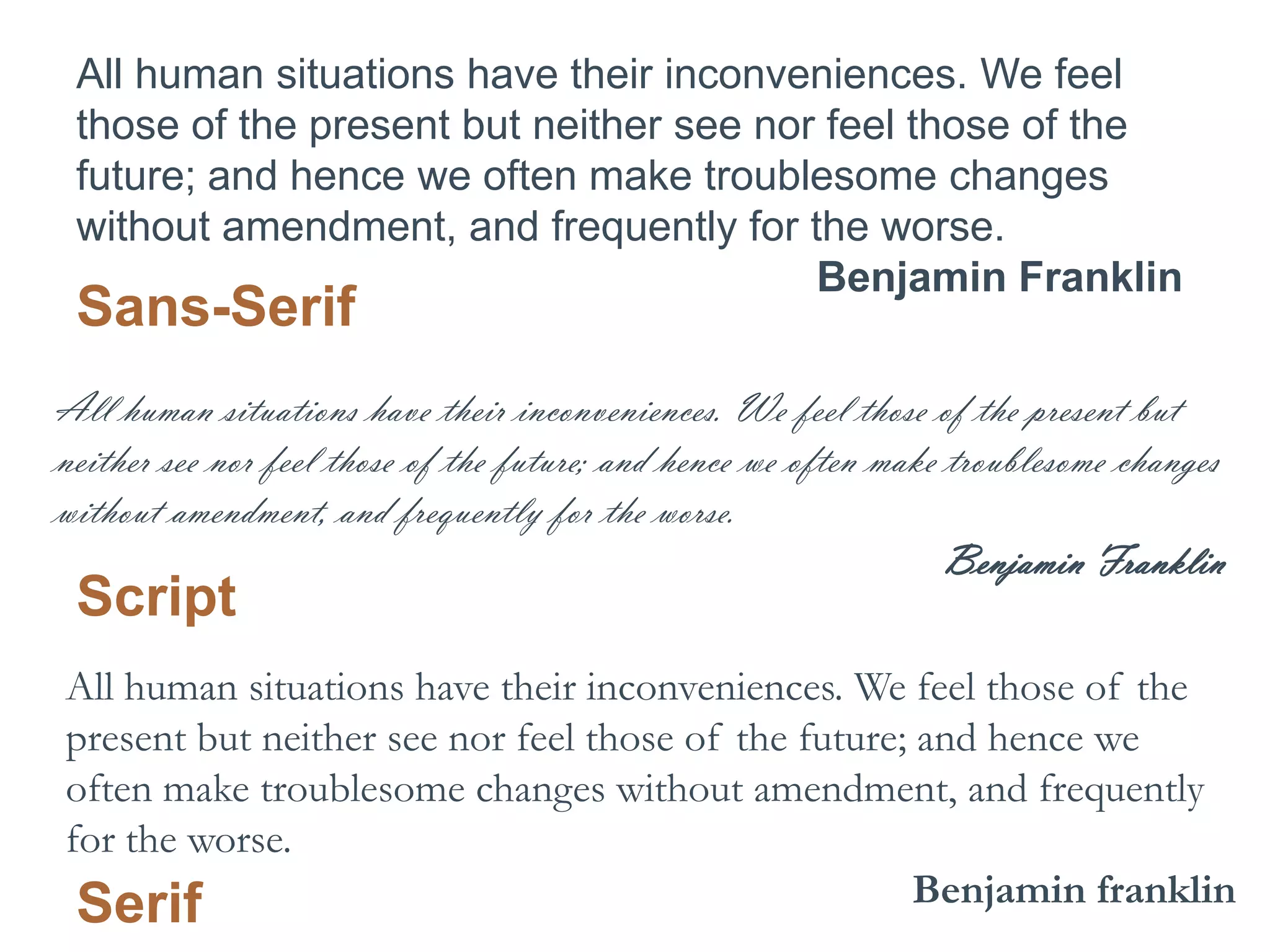 All human situations have their inconveniences. We feel
those of the present but neither see nor feel those of the
future; and hence we often make troublesome changes
without amendment, and frequently for the worse.
Benjamin Franklin

Sans-Serif

All human situations have their inconveniences. We feel those of the present but
neither see nor feel those of the future; and hence we often make troublesome changes
without amendment, and frequently for the worse.
Benjamin Franklin

Script

All human situations have their inconveniences. We feel those of the
present but neither see nor feel those of the future; and hence we
often make troublesome changes without amendment, and frequently
for the worse.
Benjamin franklin
Serif

 