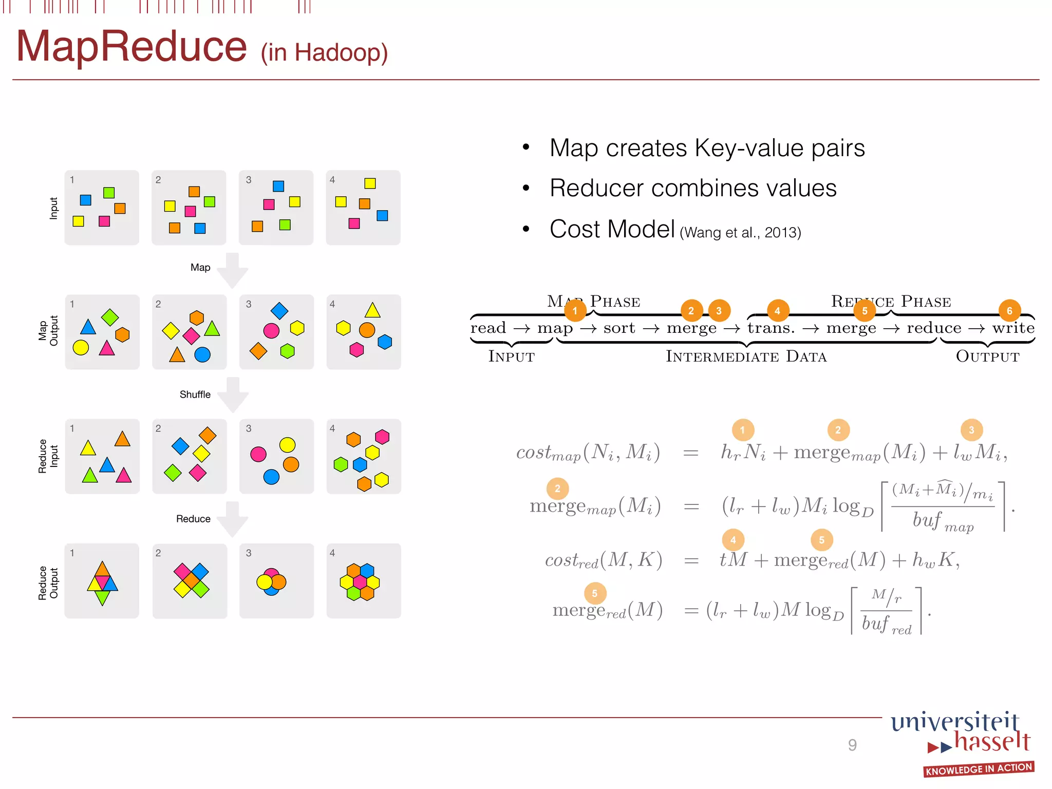 MapReduce (in Hadoop)
• Map creates Key-value pairs
• Reducer combines values
• Cost Model (Wang et al., 2013)
9
Map
Shuﬄe
Reduce
1 2 3 4
1 2 3 4
1 2 3 4
1 2 3 4
Input
Map
Output
Reduce
Input
Reduce
Output
Let I1 ∪ · · · ∪ Ik denote the partition of the input tuples
such that the mapper behaves uniformly1
on every data item
in Ii. Let Ni be the size (in MB) of Ii, and let Mi be the
size (in MB) of the intermediate data output by the mapper
on Ii. The cost of the map phase on Ii is:
costmap(Ni, Mi) = hrNi + mergemap(Mi) + lwMi,
where mergemap(Mi), denoting the cost of sort and merge in
the map stage, is expressed by
mergemap(Mi) = (lr + lw)Mi logD
(Mi+Mi)/mi
buf map
.
See Table 1 for the meaning of the variables hr, lw, lr, lw,
D, Mi, mi, and buf map.2
The total cost incurred in the map
phase equals the sum
k
i=1
costmap(Ni, Mi). (2)
Let I1 ∪ · · · ∪ Ik denote the partition of the input tuples
such that the mapper behaves uniformly1
on every data item
in Ii. Let Ni be the size (in MB) of Ii, and let Mi be the
size (in MB) of the intermediate data output by the mapper
on Ii. The cost of the map phase on Ii is:
costmap(Ni, Mi) = hrNi + mergemap(Mi) + lwMi,
where mergemap(Mi), denoting the cost of sort and merge in
the map stage, is expressed by
mergemap(Mi) = (lr + lw)Mi logD
(Mi+Mi)/mi
buf map
.
See Table 1 for the meaning of the variables hr, lw, lr, lw,
D, Mi, mi, and buf map.2
The total cost incurred in the map
phase equals the sum
k
i=1
costmap(Ni, Mi). (2)
Note that the cost model in [27, 36] deﬁnes the total cost
incurred in the map phase as
costmap
k
i=1
Ni,
k
i=1
Mi . (3)
The latter is not always accurate. Indeed, consider for in-
stance an MR job whose input consists of two relations R
and S where the map function outputs many key-value pairs
for each tuple in R and at most one key-value pair for each
tuple in S, e.g., because of ﬁltering. This diﬀerence in map
output may lead to a non-proportional contribution of both
input relations to the total cost. Hence, as shown by Equa-
tion (2), we opt to consider diﬀerent inputs separately. This
cannot be captured by map cost calculation of Equation (3),
as it considers the global average map output size in the cal-
culation of the merge cost. In Section 5, we illustrate this
problem by means of an experiment that conﬁrms the eﬀec-
tiveness of the proposed adjustment.
To analyze the cost in the reduce phase, let M = k
i=1 Mi.
The reduce stage involves (i) transferring the intermediate
data (i.e., the output of the map function) to the correct
reducer, (ii) merging the key-value pairs locally for each re-
ducer, (iii) applying the reduce function, and (iv) writing
the output to hdfs. Its cost will be
costred(M, K) = tM + mergered(M) + hwK,
where K is the size of the output of the reduce function (in
MB). The cost of merging equals
mergered(M) = (lr + lw)M logD
M/r
buf red
.
The total cost of an MR job equals the sum
costh +
k
costmap(Ni, Mi) + costred(M, K),
i=1 i=1
The latter is not always accurate. Indeed, consider for in-
stance an MR job whose input consists of two relations R
and S where the map function outputs many key-value pairs
for each tuple in R and at most one key-value pair for each
tuple in S, e.g., because of ﬁltering. This diﬀerence in map
output may lead to a non-proportional contribution of both
input relations to the total cost. Hence, as shown by Equa-
tion (2), we opt to consider diﬀerent inputs separately. This
cannot be captured by map cost calculation of Equation (3),
as it considers the global average map output size in the cal-
culation of the merge cost. In Section 5, we illustrate this
problem by means of an experiment that conﬁrms the eﬀec-
tiveness of the proposed adjustment.
To analyze the cost in the reduce phase, let M = k
i=1 Mi.
The reduce stage involves (i) transferring the intermediate
data (i.e., the output of the map function) to the correct
reducer, (ii) merging the key-value pairs locally for each re-
ducer, (iii) applying the reduce function, and (iv) writing
the output to hdfs. Its cost will be
costred(M, K) = tM + mergered(M) + hwK,
where K is the size of the output of the reduce function (in
MB). The cost of merging equals
mergered(M) = (lr + lw)M logD
M/r
buf red
.
The total cost of an MR job equals the sum
costh +
k
i=1
costmap(Ni, Mi) + costred(M, K),
where costh is the overhead cost of starting an MR job.
1 2 3
the atoms occurring in C are called the
We interpret Z as the output relation of
DB, the BSGF query (1) deﬁnes a new
ing all tuples ¯a for which there is a substi-
ariables occurring in ¯t such that σ(¯x) = ¯a,
d C evaluates to true in DB under substi-
he evaluation of C in DB under σ is de-
on the structure of C. If C is C1 OR C2,
T C1, the semantics is the usual boolean
C is an atom T(¯v) then C evaluates to
) T(¯v), i.e., if there exists a T-atom in
(σ(¯t)) on those positions where R(¯t) and
es.
e intersection Z1 := R ∩ S and the dif-
− S between two relations R and S are
ws:
LECT ¯x FROM R(¯x) WHERE S(¯x);
LECT ¯x FROM R(¯x) WHERE NOT S(¯x);
Input Intermediate Data Output
Map Phase
read → map → sort → merge →
Reduce Phase
trans. → merge → reduce → write
Figure 1: A depiction of the inner workings of Hadoop MR.
Remark 1. The syntax we use here diﬀers from the tra-
ditional syntax of the Guarded Fragment [20], and is ac-
tually closer in spirit to join trees for acyclic conjunctive
queries [9, 11], although we do allow disjunction and nega-
tion in the where clause. In the traditional syntax, a pro-
jection in the guarded fragment is only allowed in the form
∃ ¯wR(¯x)∧ϕ(¯z) where all variables in ¯z must occur in ¯x. One
can obtain a query in the traditional syntax of the guarded
fragment from our syntax by adding extra projections for
the atoms in C. For example,
SELECT x FROM R(x, y) WHERE S(x, z1) AND NOT S(y, z2)
632 4 51
4
5
5
2
 