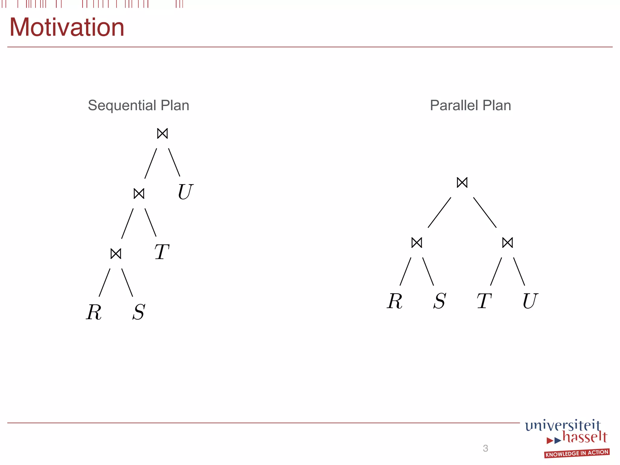 Motivation
3
on
on
on
R S
T
U
on
on
R S
on
T U
Sequential Plan Parallel Plan
 