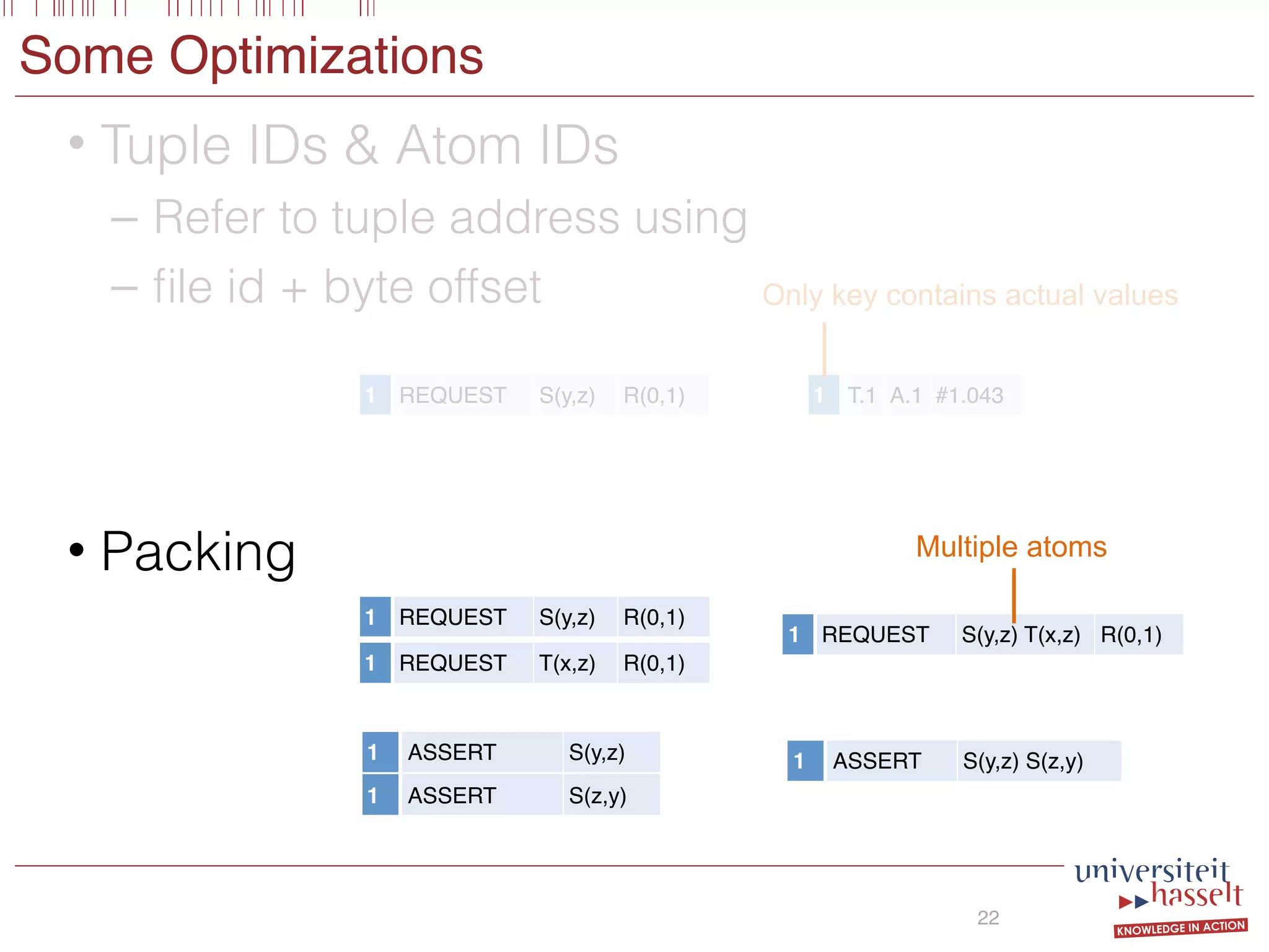 Some Optimizations
• Tuple IDs & Atom IDs
– Refer to tuple address using
– ﬁle id + byte offset
22
1 REQUEST S(y,z) R(0,1) 1 T.1 A.1 #1.043
• Packing
1 REQUEST S(y,z) R(0,1)
1 REQUEST T(x,z) R(0,1)
1 ASSERT S(z,y)
1 ASSERT S(y,z)
1 REQUEST S(y,z) T(x,z) R(0,1)
1 ASSERT S(y,z) S(z,y)
Only key contains actual values
Multiple atoms
 