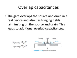 Overlap capacitances
• The gate overlaps the source and drain in a
real device and also has fringing fields
terminating on the source and drain. This
leads to additional overlap capacitances.
 