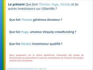 La Création des entreprises de demain. Paris, 4 Mars 2014.
Le présent Que font Thomas, Hugo, Nicolas et les
autres Investisseurs sur UStartMe ?
Que fait Thomas généreux donateur ?
Que fait Hugo, amateur d’equity crowdfunding ?
Que fait Nicolas Investisseur qualiﬁé ?
Nous proposons, sur la même plateforme, l’ensemble des modes de
ﬁnancement qui permettent à tous les investisseurs de ﬁnancer des projets
comme ils le souhaitent.
 