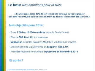 La Création des entreprises de demain. Paris, 4 Mars 2014.
Le futur Nos ambitions pour la suite
« Pour réussir, passe 20% de ton temps à te dire que tu vas te planter.  
Les 80% restants, dis-toi que tu es en train de devenir le LinkedIn des Start Up. »
Nos objectifs pour 2014 :
- Entre 6 000 et 10 000 membres avant la ﬁn de l’année
- Plus de 500 Start Up sur le réseau
- Validation de notre Business Model en vendant nos services
- Mise en ligne de la plateforme en Espagne, Italie, UK
- Première levée de fonds entre Septembre et Novembre 2014
Et après ?
 