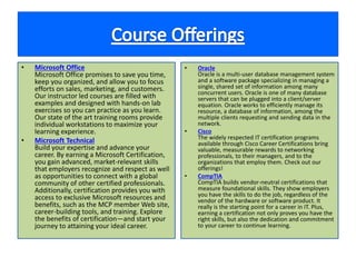 • Microsoft Office
Microsoft Office promises to save you time,
keep you organized, and allow you to focus
efforts on sales, marketing, and customers.
Our instructor led courses are filled with
examples and designed with hands-on lab
exercises so you can practice as you learn.
Our state of the art training rooms provide
individual workstations to maximize your
learning experience.
• Microsoft Technical
Build your expertise and advance your
career. By earning a Microsoft Certification,
you gain advanced, market-relevant skills
that employers recognize and respect as well
as opportunities to connect with a global
community of other certified professionals.
Additionally, certification provides you with
access to exclusive Microsoft resources and
benefits, such as the MCP member Web site,
career-building tools, and training. Explore
the benefits of certification—and start your
journey to attaining your ideal career.
• Oracle
Oracle is a multi-user database management system
and a software package specializing in managing a
single, shared set of information among many
concurrent users. Oracle is one of many database
servers that can be plugged into a client/server
equation. Oracle works to efficiently manage its
resource, a database of information, among the
multiple clients requesting and sending data in the
network.
• Cisco
The widely respected IT certification programs
available through Cisco Career Certifications bring
valuable, measurable rewards to networking
professionals, to their managers, and to the
organizations that employ them. Check out our
offerings!
• CompTIA
CompTIA builds vendor-neutral certifications that
measure foundational skills. They show employers
you have the skills to do the job, regardless of the
vendor of the hardware or software product. It
really is the starting point for a career in IT. Plus,
earning a certification not only proves you have the
right skills, but also the dedication and commitment
to your career to continue learning.
 