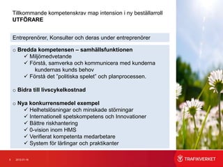 Tillkommande kompetenskrav map intension i ny beställarroll
    UTFÖRARE


    Entreprenörer, Konsulter och deras under entreprenörer

    o Bredda kompetensen – samhällsfunktionen
         Miljömedvetande
         Förstå, samverka och kommunicera med kunderna
            kundernas kunds behov
         Förstå det ”politiska spelet” och planprocessen.

    o Bidra till livscykelkostnad

    o Nya konkurrensmedel exempel
         Helhetslösningar och minskade störningar
         Internationell spetskompetens och Innovationer
         Bättre riskhantering
         0-vision inom HMS
         Verifierat kompetenta medarbetare
         System för lärlingar och praktikanter

5    2012-01-16
 