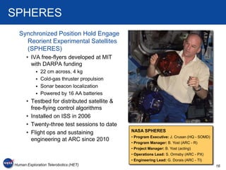 SPHERES
  Synchronized Position Hold Engage
    Reorient Experimental Satellites
    (SPHERES)
      • IVA free-flyers developed at MIT
        with DARPA funding
            22 cm across, 4 kg
            Cold-gas thruster propulsion
            Sonar beacon localization
            Powered by 16 AA batteries
      • Testbed for distributed satellite &
        free-flying control algorithms
      • Installed on ISS in 2006
      • Twenty-three test sessions to date
      • Flight ops and sustaining             NASA SPHERES
                                              • Program Executive: J. Crusan (HQ - SOMD)
        engineering at ARC since 2010
                                              • Program Manager: B. Yost (ARC - R)
                                              • Project Manager: B. Yost (acting)
                                              • Operations Lead: S. Ormsby (ARC - PX)
                                              • Engineering Lead: G. Dorais (ARC - TI)
Human Exploration Telerobotics (HET)                                                       16
 