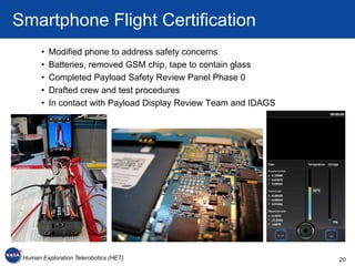Smartphone Flight Certification
       •   Modified phone to address safety concerns
       •   Batteries, removed GSM chip, tape to contain glass
       •   Completed Payload Safety Review Panel Phase 0
       •   Drafted crew and test procedures
       •   In contact with Payload Display Review Team and IDAGS




 Human Exploration Telerobotics (HET)                              20
 