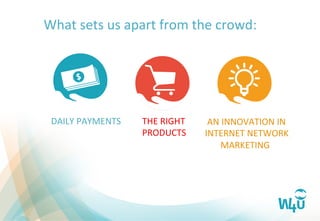 DAILY	
  PAYMENTS	
   THE	
  RIGHT	
  	
  
PRODUCTS	
  
	
  AN	
  INNOVATION	
  IN	
  	
  
INTERNET	
  NETWORK	
  
	
  	
  	
  	
  	
  	
  	
  MARKETING	
  
What	
  sets	
  us	
  apart	
  from	
  the	
  crowd:	
  
 