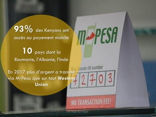 93% des Kenyans ont
accès au payement mobile
10 pays dont la
Roumanie, l’Albanie, l’Inde
En 2017 plus d’argent a transité
...