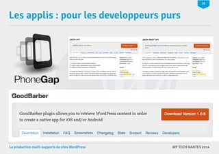 35 
Les applis : pour les developpeurs purs 
La production multi-supports de sites WordPress WP TECH NANTES 2014 
 