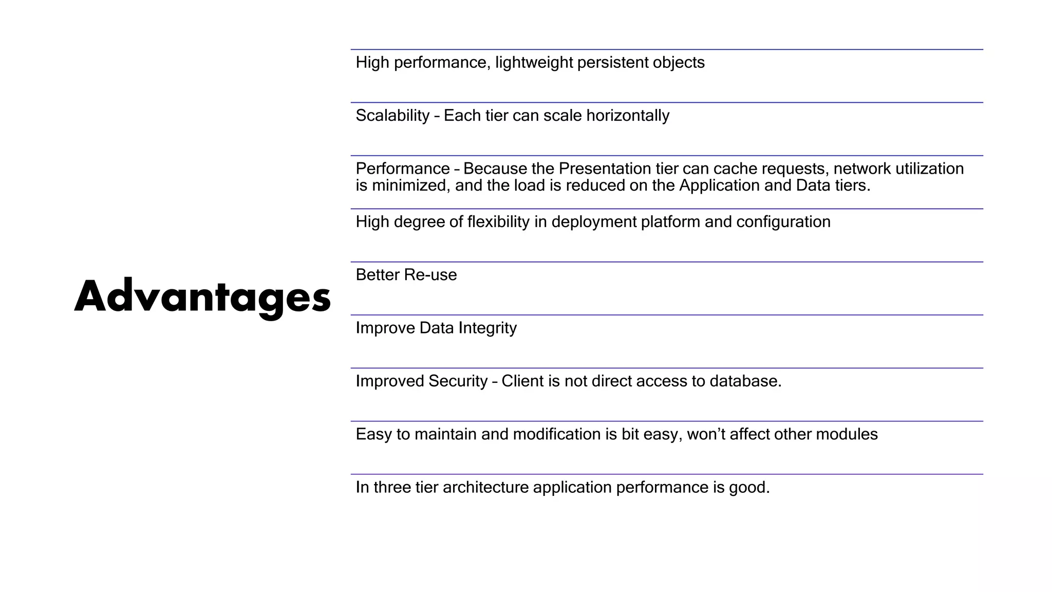 Advantages
High performance, lightweight persistent objects
Scalability – Each tier can scale horizontally
Performance – Because the Presentation tier can cache requests, network utilization
is minimized, and the load is reduced on the Application and Data tiers.
High degree of flexibility in deployment platform and configuration
Better Re-use
Improve Data Integrity
Improved Security – Client is not direct access to database.
Easy to maintain and modification is bit easy, won’t affect other modules
In three tier architecture application performance is good.
 