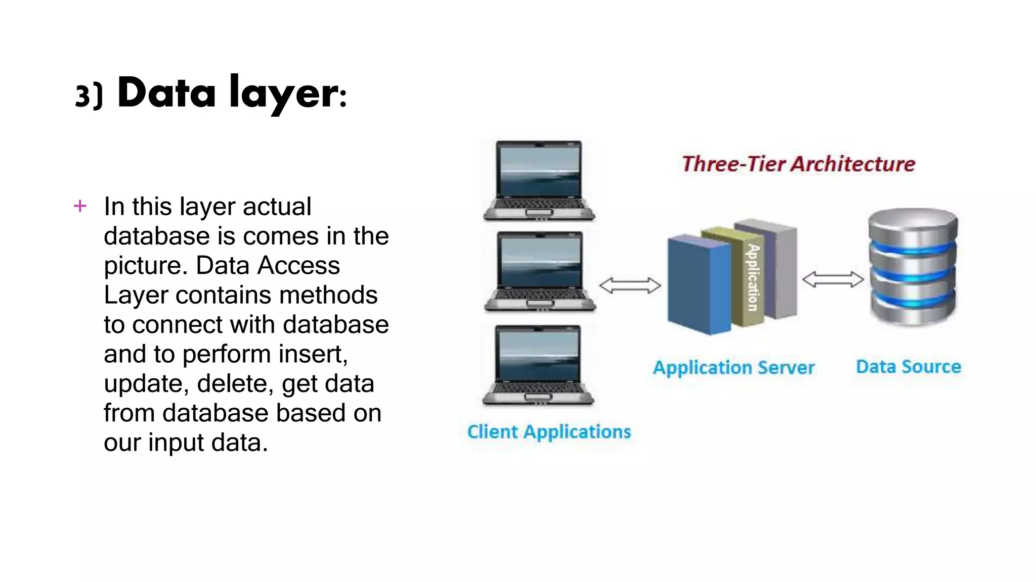 3) Data layer:
+ In this layer actual
database is comes in the
picture. Data Access
Layer contains methods
to connect with database
and to perform insert,
update, delete, get data
from database based on
our input data.
 