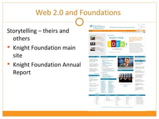 Web 2.0 and Foundations Storytelling – theirs and others Knight Foundation main site Knight Foundation Annual Report 