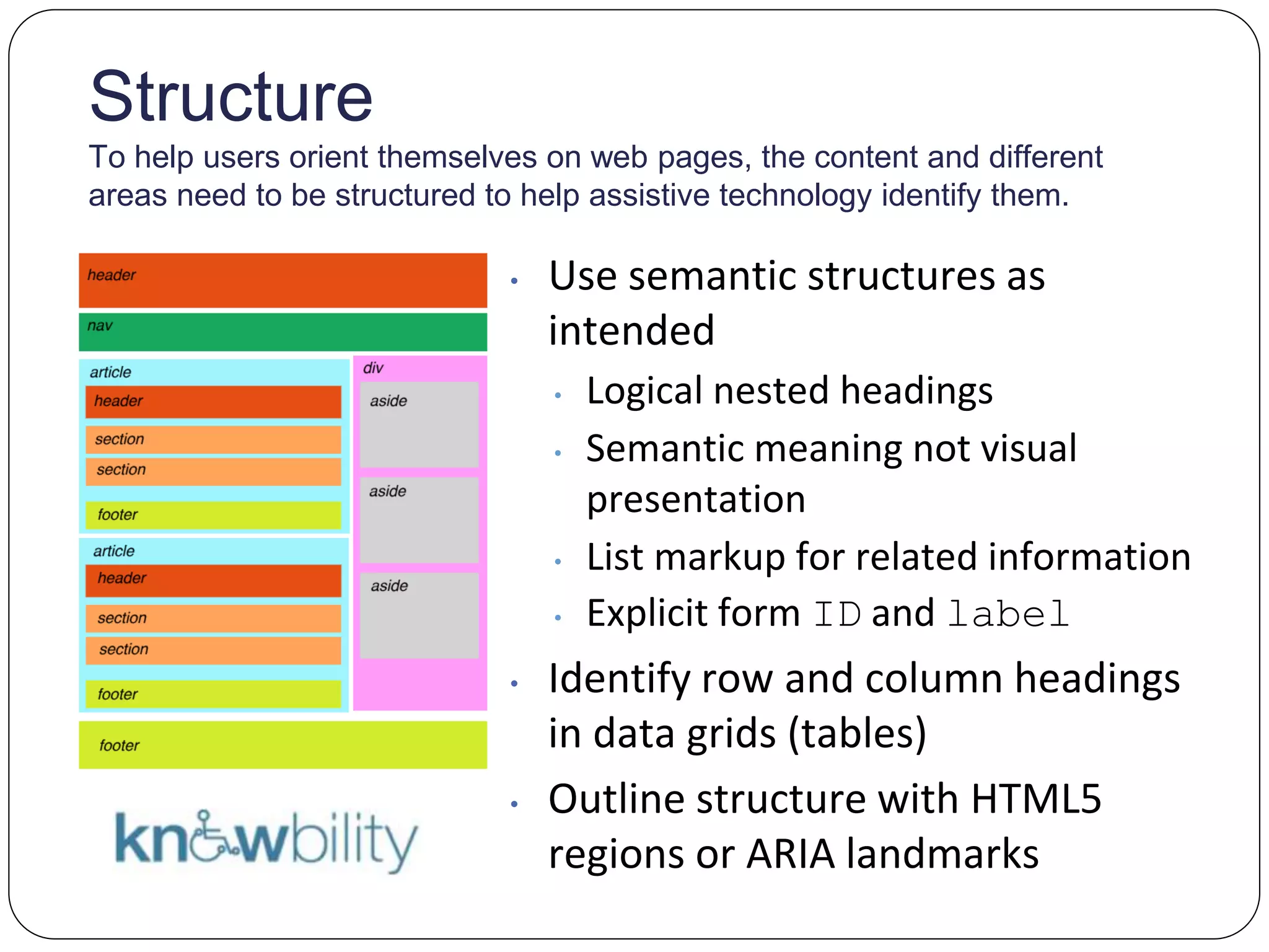 Structure
To help users orient themselves on web pages, the content and different
areas need to be structured to help assistive technology identify them.
• Use semantic structures as
intended
• Logical nested headings
• Semantic meaning not visual
presentation
• List markup for related information
• Explicit form ID and label
• Identify row and column headings
in data grids (tables)
• Outline structure with HTML5
regions or ARIA landmarks
 