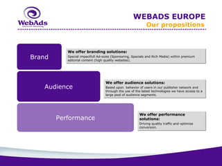 WEBADS EUROPE
                                                            Our propositions



           We offer branding solutions:
Brand      Special impactfull Ad-sizes (Sponsoring, Specials and Rich Media) within premium
           editorial content (high quality websites).




                                  We offer audience solutions:
   Audience                       Based upon behavior of users in our publisher network and
                                  through the use of the latest technologies we have access to a
                                  large pool of audience segments.




                                                        We offer performance
        Performance                                     solutions:
                                                        Driving quality traffic and optimize
                                                        conversion.
 