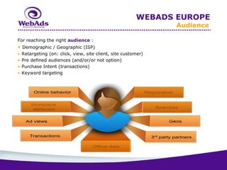 WEBADS EUROPE
                                                                Audience

For reaching the right audience :
• Demographic / Geographic (ISP)
•   Retargeting (on: click, view, site client, site customer)
•   Pre defined audiences (and/or/or not option)
•   Purchase Intent (transactions)
•   Keyword targeting
 