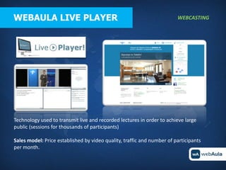 WEBAULA LIVE PLAYER                                                     WEBCASTING




Technology used to transmit live and recorded lectures in order to achieve large
public (sessions for thousands of participants)

Sales model: Price established by video quality, traffic and number of participants
per month.
 