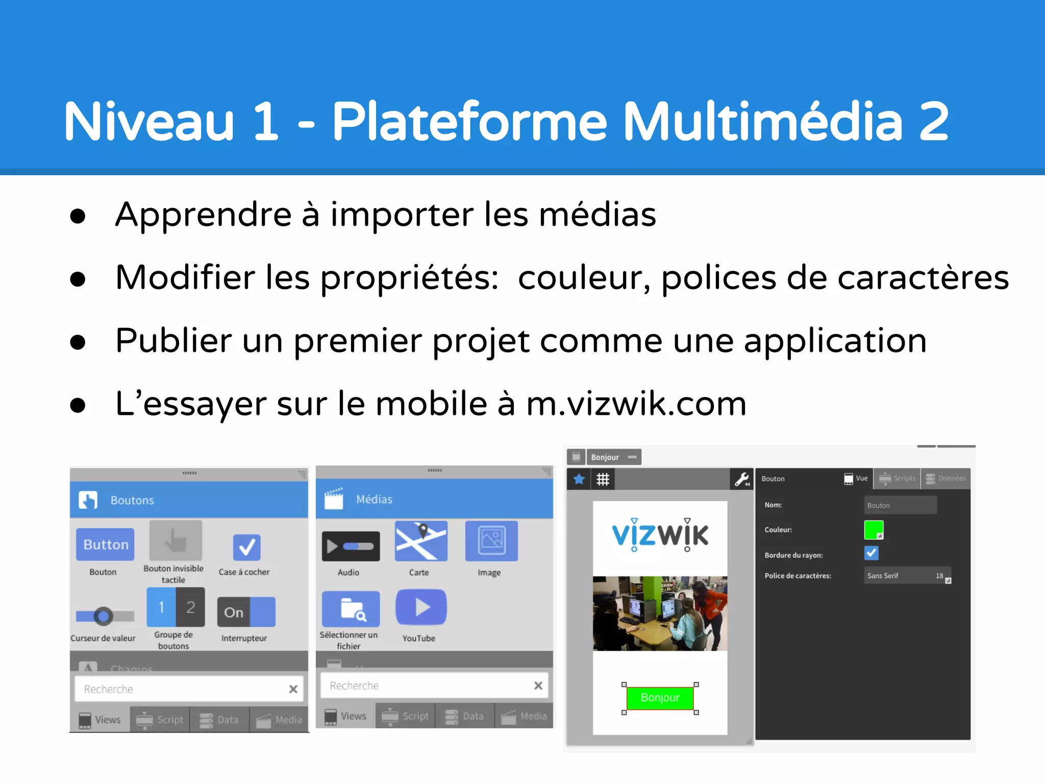Niveau 1 - Plateforme Multimédia 1
● Ampleur sur la composition de divers médias
● PowerPoint pour le mobile
● Mise en page, placement, taille
● Médias de base: texte, image, vidéo
 