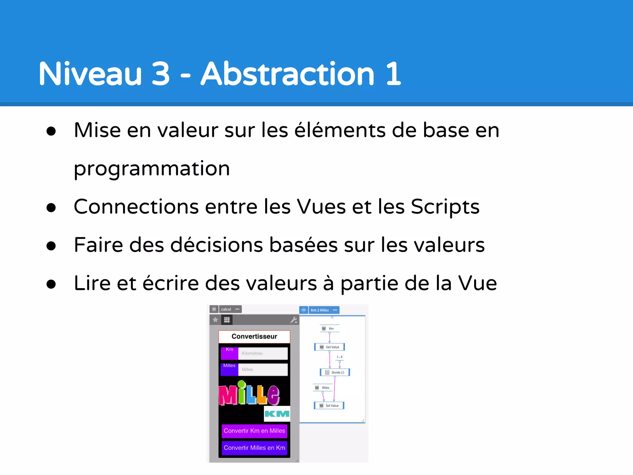 Niveau 2 - Interactivité 2
● Première utilisation de
vues multiples (pages)
● Définir des actions de
bases (Scripts) dans le
panneau des propriétés
● Première étape après
PowerPoint
● Défilement d’images
 