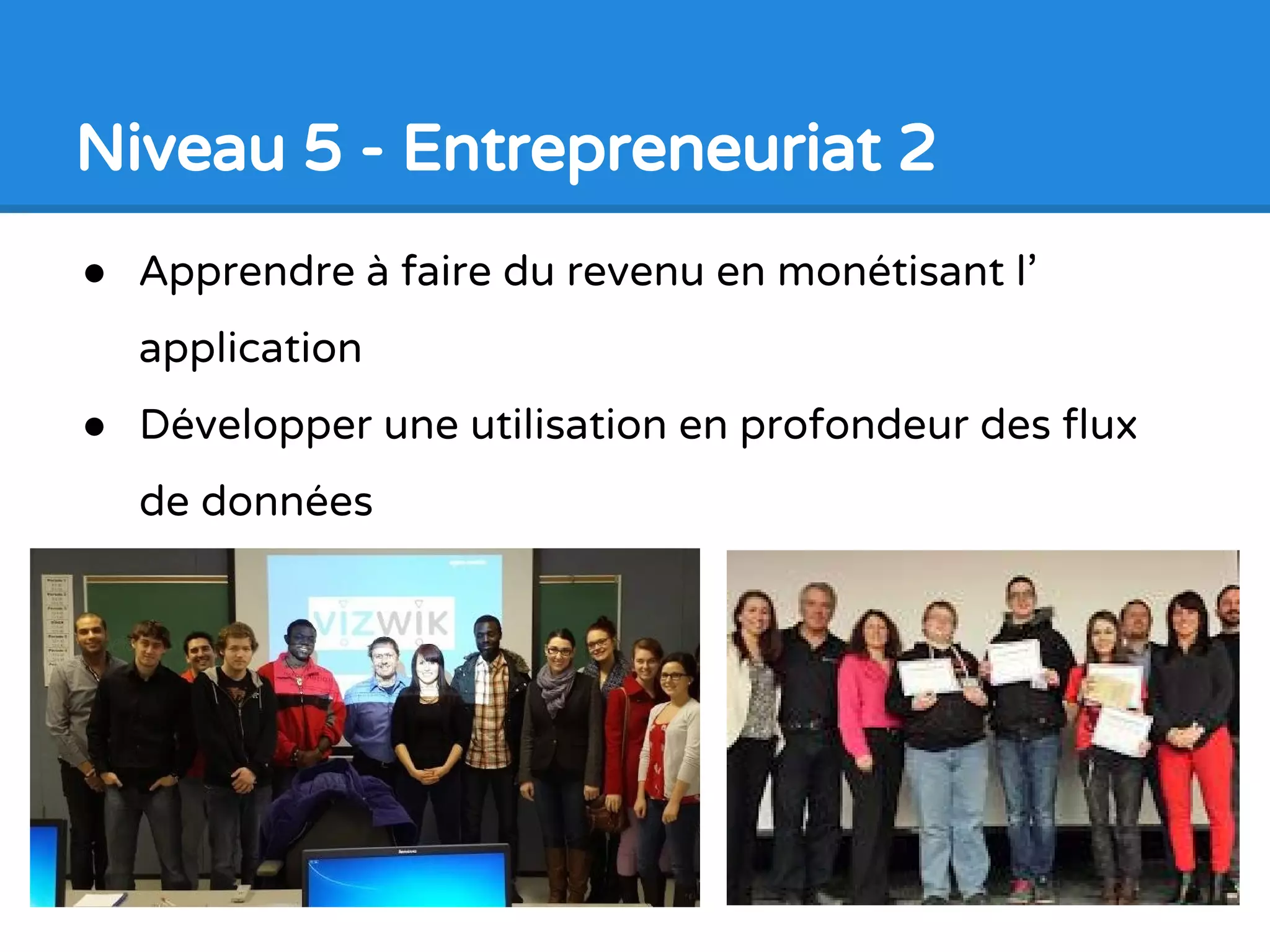 Niveau 5 - Entrepreneuriat 1
● Mise sur une expérience complète de Vizwik
● Apprendre des habiletés entrepreneuriales pour
faire la promotion de l’application
● Partager l’application sur les réseaux sociaux
 