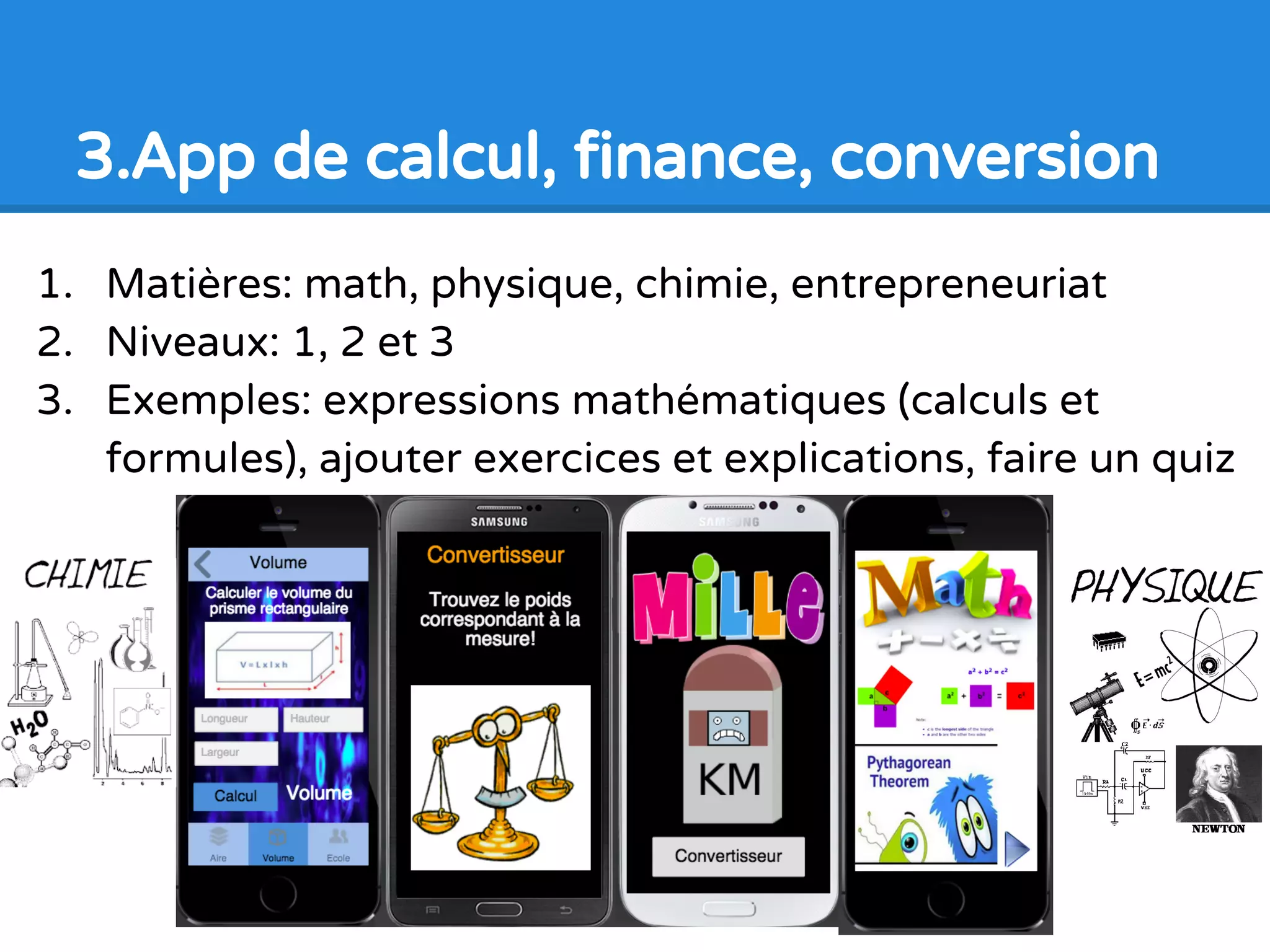 1. Matières: français, anglais, FPS, divers
2. Niveaux: 1 et 2
3. Exemples: Une app carte d’affaire avec accès direct
à Facebook, Twitter, Tumblr, Blog, Courriel, Numéro
de téléphone, ...
2.Cartes d’affaires, profil
 