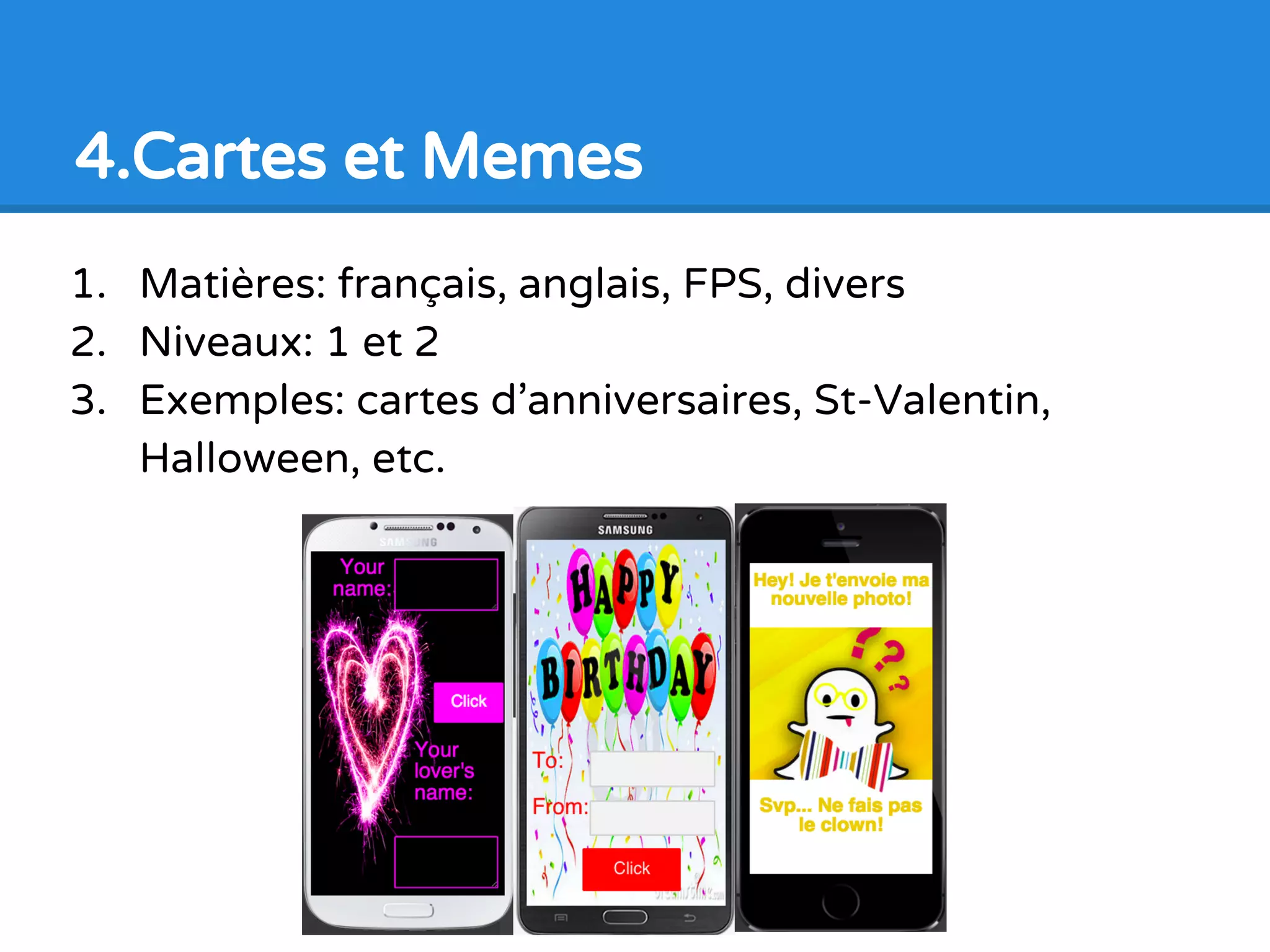 1. Matières: math, physique, chimie, entrepreneuriat
2. Niveaux: 1, 2 et 3
3. Exemples: expressions mathématiques (calculs et
formules), ajouter exercices et explications, faire un quiz
3.App de calcul, finance, conversion
 