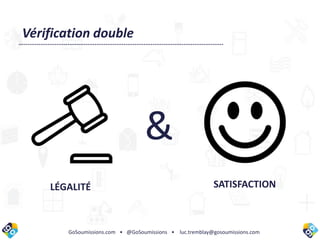 &
GoSoumissions.com • @GoSoumissions • luc.tremblay@gosoumissions.com
Vérification double
&
LÉGALITÉ SATISFACTION
 