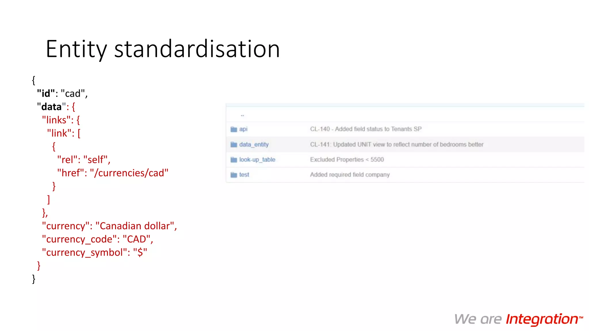 Entity standardisation
{
"id": "cad",
"data": {
"links": {
"link": [
{
"rel": "self",
"href": "/currencies/cad"
}
]
},
"currency": "Canadian dollar",
"currency_code": "CAD",
"currency_symbol": "$"
}
}
 