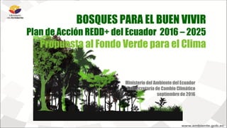 BOSQUES PARA EL BUEN VIVIR
Plan de Acción REDD+ del Ecuador 2016 – 2025
Propuesta al Fondo Verde para el Clima
Ministerio del Ambiente del Ecuador
Subsecretaría de Cambio Climático
septiembre de 2016
 