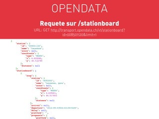 OPENDATA
                        Requete sur /stationboard
                   URL: GET http://transport.opendata.ch/v1/stationboard?
                                    id=008501120&limit=1
{
    "station": {
        "id": "008501120",
        "name": "Lausanne",
        "score": null,
        "coordinate": {
            "type": "WGS84",
            "x": 6.629086,
            "y": 46.516785
        },
        "distance": null
    },
    "stationboard": [
        {
            "stop": {
                 "station": {
                     "id": "8592050",
                     "name": "Lausanne, gare",
                     "score": null,
                     "coordinate": {
                         "type": "WGS84",
                         "x": 6.629661,
                                                                             
                         "y": 46.517603
                     },
                     "distance": null
                 },
                 "arrival": null,
                 "departure": "2012-09-03T20:03:00+0200",
                 "delay": null,
                 "platform": "",
                 "prognosis": {
                     "platform": null,
 