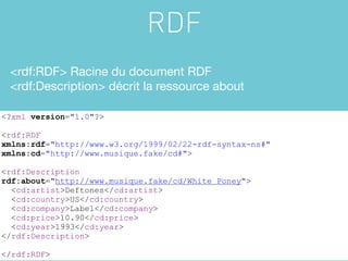 RDF
 <rdf:RDF> Racine du document RDF
 <rdf:Description> décrit la ressource about

<?xml version="1.0"?>

<rdf:RDF
xmlns:rdf="http://www.w3.org/1999/02/22-rdf-syntax-ns#"
xmlns:cd="http://www.musique.fake/cd#">

<rdf:Description
rdf:about="http://www.musique.fake/cd/White Poney">
  <cd:artist>Deftones</cd:artist>
  <cd:country>US</cd:country>
  <cd:company>Label</cd:company>
  <cd:price>10.90</cd:price>
  <cd:year>1993</cd:year>
</rdf:Description>

</rdf:RDF>
 