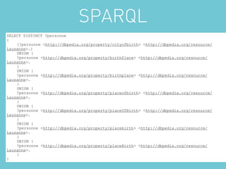 SPARQL
SELECT DISTINCT ?personne
{
    {?personne <http://dbpedia.org/property/cityofbirth> <http://dbpedia.org/resource/
Lausanne>.}
    UNION {
    ?personne <http://dbpedia.org/property/birthPlace> <http://dbpedia.org/resource/
Lausanne>.
    }
    UNION {
    ?personne <http://dbpedia.org/property/birthplace> <http://dbpedia.org/resource/
Lausanne>.
    }
    UNION {
    ?personne <http://dbpedia.org/property/placeofbirth> <http://dbpedia.org/resource/
Lausanne>.
    }
    UNION {
    ?personne <http://dbpedia.org/property/placeOfBirth> <http://dbpedia.org/resource/
Lausanne>.
    }
    UNION {
    ?personne <http://dbpedia.org/property/placebirth> <http://dbpedia.org/resource/
Lausanne>.
    }
    UNION {
    ?personne <http://dbpedia.org/property/placeBirth> <http://dbpedia.org/resource/
Lausanne>.
    }
}
 