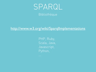 SPARQL
                Bibliothèque



http://www.w3.org/wiki/SparqlImplementations

                PHP, Ruby,
                Scala, Java,
                Javascript,
                Python,
                ...
 