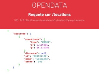 OPENDATA
                 Requete sur /locations
     URL: GET http://transport.opendata.ch/v1/locations?query=Lausanne



{
    "stations": [
        {
            "coordinate": {
                "type": "WGS84",
                "x": 6.629086,
                "y": 46.516785
            },
            "distance": null,
            "id": "008501120",
            "name": "Lausanne",                                           

            "score": "101"
        }
    ]
}
 