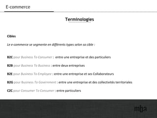 14
E-commerce
Cibles
Le e-commerce se segmente en différents types selon sa cible :
B2C pour Business To Consumer : entre une entreprise et des particuliers
B2B pour Business To Business : entre deux entreprises
B2E pour Business To Employee : entre une entreprise et ses Collaborateurs
B2G pour Business To Government : entre une entreprise et des collectivités territoriales
C2C pour Consumer To Consumer : entre particuliers
Terminologies
 
