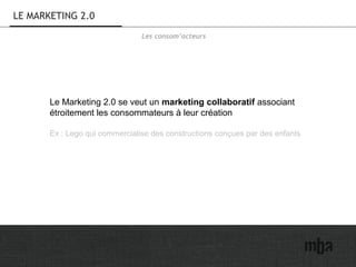 LE MARKETING 2.0
Le Marketing 2.0 se veut un marketing collaboratif associant
étroitement les consommateurs à leur création
Ex : Lego qui commercialise des constructions conçues par des enfants
Les consom’acteurs
 