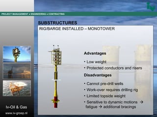 PROJECT MANAGEMENT  ● ENGINEERING  ● CONTRACTING SUBSTRUCTURES RIG/BARGE INSTALLED – MONOTOWER Advantages Low weight Protected conductors and risers  Disadvantages Cannot pre-drill wells Work-over requires drilling rig Limited topside weight Sensitive to dynamic motions     fatigue    additional bracings Iv-Oil & Gas www.iv-groep.nl 