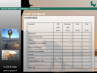 PROJECT MANAGEMENT  ● ENGINEERING  ● CONTRACTING COST ESTIMATE OVERVIEW Iv-Oil & Gas www.iv-groep.nl --- --- --- --- Grand Total           --- ---     Overall contingency ~15% --- ---     Certification  --- ---     Insurance  --- ---     Fabrication and installation --- ---     Design & Procurement --- --- --- --- Equipment (incl commisioning) ---   --- --- Helideck ---   --- --- Topsides structual steel ---   --- --- Substructure (€·10 3 ) (€·10 3 ) (€·10 3 ) (€·10 3 )     costs costs Total Other Fabrication  FoB Description 