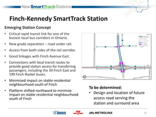 Finch-Kennedy SmartTrack Station
Emerging Station Concept
• Critical rapid transit link for one of the
busiest local bus corridors in Ontario.
• New grade separation – road under rail.
• Access from both sides of the rail corridor.
• Good linkages with Finch Avenue East.
• Connections with local transit routes to
provide good station access for transferring
passengers, including the 39 Finch East and
199 Finch Rocket buses.
• Minimized impact on stable residential
neighbourhood south of Finch
• Platform shifted northward to minimize
impact on stable residential neighbourhood
south of Finch
14
To be determined:
• Design and location of future
access road serving the
station and surround area
 
