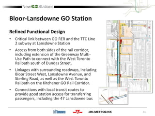 31
Bloor-Lansdowne GO Station
Refined Functional Design
• Critical link between GO RER and the TTC Line
2 subway at Lansdowne Station
• Access from both sides of the rail corridor,
including extension of the Greenway Multi-
Use Path to connect with the West Toronto
Railpath south of Dundas Street.
• Linkages with surrounding roadways, including
Bloor Street West, Lansdowne Avenue, and
Sterling Road, as well as the West Toronto
Railpath on the Kitchener GO Rail Corridor.
• Connections with local transit routes to
provide good station access for transferring
passengers, including the 47 Lansdowne bus
 