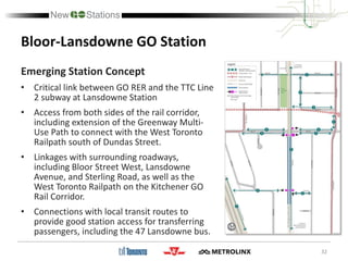 32
Bloor-Lansdowne GO Station
Emerging Station Concept
• Critical link between GO RER and the TTC Line
2 subway at Lansdowne Station
• Access from both sides of the rail corridor,
including extension of the Greenway Multi-
Use Path to connect with the West Toronto
Railpath south of Dundas Street.
• Linkages with surrounding roadways,
including Bloor Street West, Lansdowne
Avenue, and Sterling Road, as well as the
West Toronto Railpath on the Kitchener GO
Rail Corridor.
• Connections with local transit routes to
provide good station access for transferring
passengers, including the 47 Lansdowne bus.
 