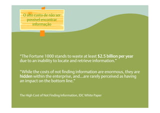 O alto custo de não ser
    possível encontrar
        informação




“The Fortune 1000 stands to waste at least $2.5 billion per year
due to an inability to locate and retrieve information.”

“While the costs of not finding information are enormous, they are
hidden within the enterprise, and...are rarely perceived as having
an impact on the bottom line.”


The High Cost of Not Finding Information, IDC White Paper
 