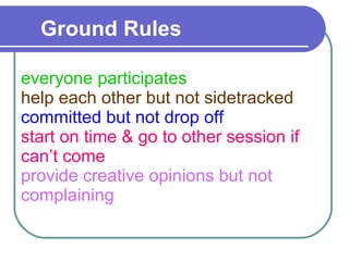 Ground Rules

everyone participates
help each other but not sidetracked
committed but not drop off
start on time & go to other session if
can’t come
provide creative opinions but not
complaining
 
