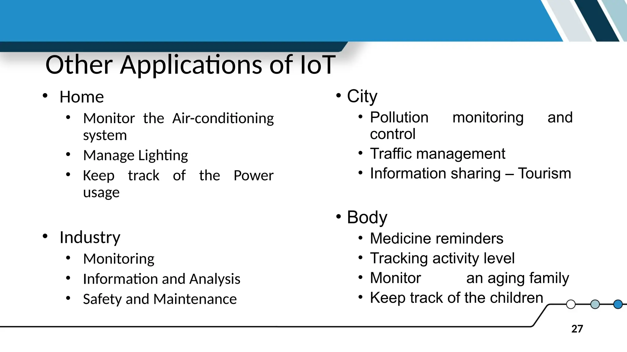 27
Other Applications of IoT
• Home
• Monitor the Air-conditioning
system
• Manage Lighting
• Keep track of the Power
usage
• Industry
• Monitoring
• Information and Analysis
• Safety and Maintenance
• City
• Pollution monitoring and
control
• Traffic management
• Information sharing – Tourism
• Body
• Medicine reminders
• Tracking activity level
• Monitor an aging family
• Keep track of the children
 