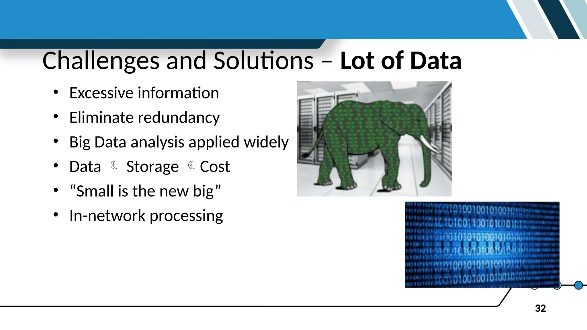 32
Challenges and Solutions – Lot of Data
• Excessive information
• Eliminate redundancy
• Big Data analysis applied widely
• Data  Storage Cost
• “Small is the new big”
• In-network processing
 