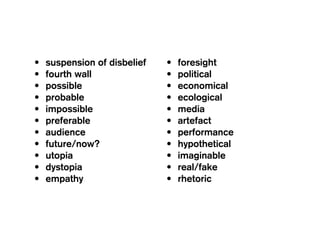 •	 suspension of disbelief
•	 fourth wall
•	 possible
•	 probable
•	 impossible
•	 preferable
•	 audience
•	 future/now?
•	 utopia
•	 dystopia
•	 empathy
•	 foresight
•	 political
•	 economical
•	 ecological
•	 media
•	 artefact
•	 performance
•	 hypothetical
•	 imaginable
•	 real/fake
•	 rhetoric
 
