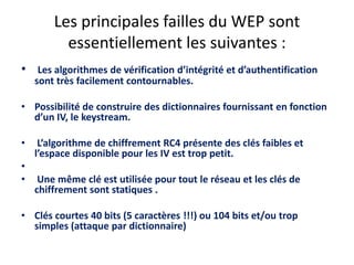 Les principales failles du WEP sont 
essentiellement les suivantes : 
• Les algorithmes de vérification d’intégrité et d’authentification 
sont très facilement contournables. 
• Possibilité de construire des dictionnaires fournissant en fonction 
d’un IV, le keystream. 
• L’algorithme de chiffrement RC4 présente des clés faibles et 
l’espace disponible pour les IV est trop petit. 
• 
• Une même clé est utilisée pour tout le réseau et les clés de 
chiffrement sont statiques . 
• Clés courtes 40 bits (5 caractères !!!) ou 104 bits et/ou trop 
simples (attaque par dictionnaire) 
 
