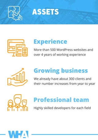 ASSETS
Morethan500WordPresswebsitesand
over4yearsofworkingexperience
Wealreadyhaveabout300clientsand
theirnumberincreasesfrom yeartoyear
Highlyskilleddevelopersforeachﬁeld
 