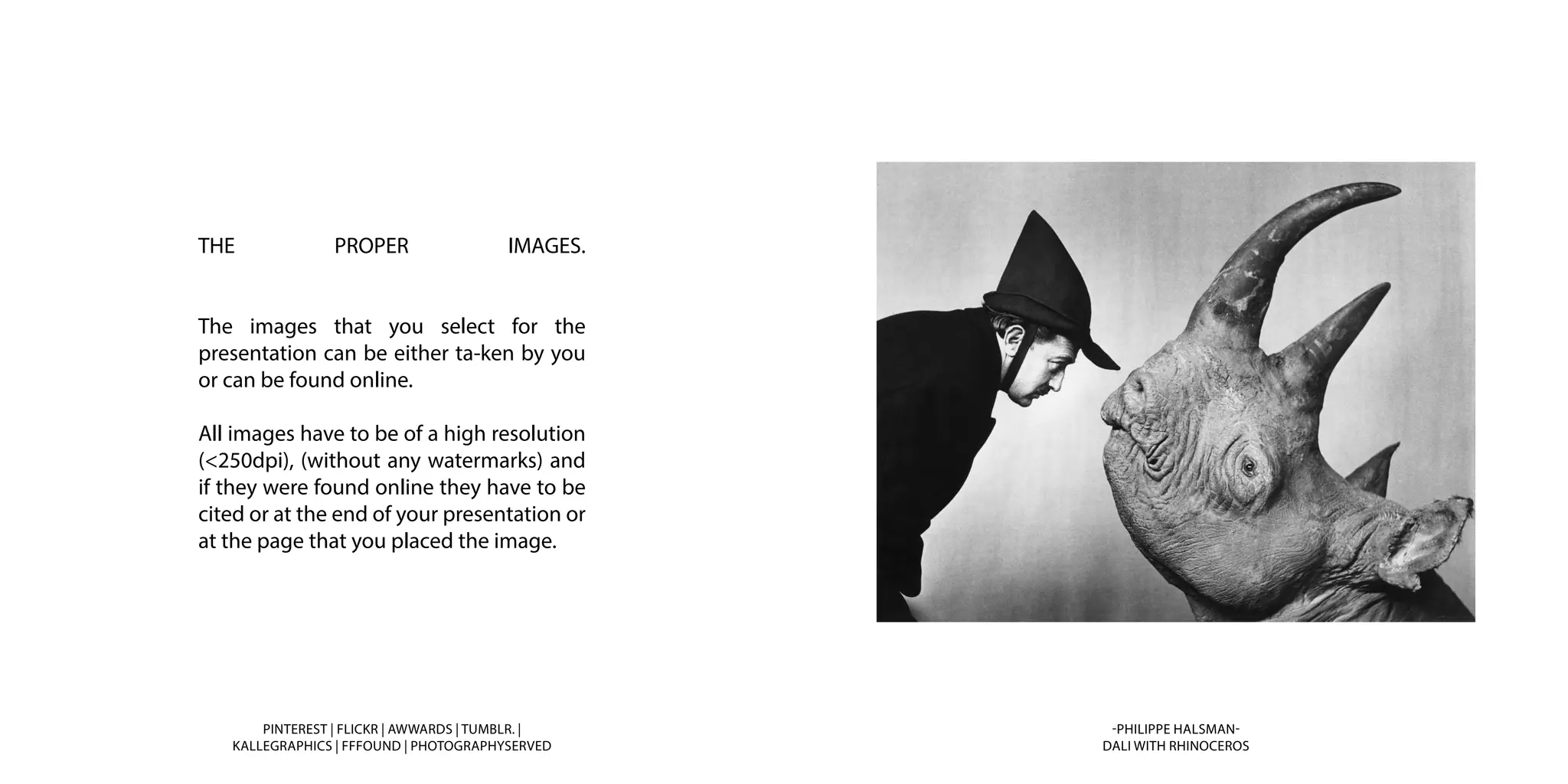 THE PROPER IMAGES.
The images that you select for the
presentation can be either ta-ken by you
or can be found online.
All images have to be of a high resolution
(<250dpi), (without any watermarks) and
if they were found online they have to be
cited or at the end of your presentation or
at the page that you placed the image.
PINTEREST | FLICKR | AWWARDS | TUMBLR. |
KALLEGRAPHICS | FFFOUND | PHOTOGRAPHYSERVED
-PHILIPPE HALSMAN-
DALI WITH RHINOCEROS
 