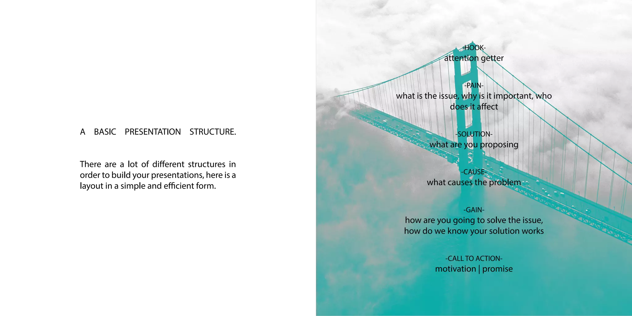 A BASIC PRESENTATION STRUCTURE.
There are a lot of different structures in
order to build your presentations, here is a
layout in a simple and efficient form.
-HOOK-
attention getter
-PAIN-
what is the issue, why is it important, who
does it affect
-SOLUTION-
what are you proposing
-CAUSE-
what causes the problem
-GAIN-
how are you going to solve the issue,
how do we know your solution works
-CALL TO ACTION-
motivation | promise
 